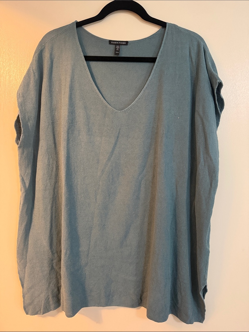 Eileen Fisher Relaxed V-Neck Knit Top in Teal Blue linen knit tunic